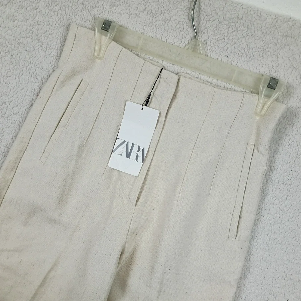 Zara Tapered Pants Womens M 28X27 Cream Cotton Linen High Waist Summer Trousers
